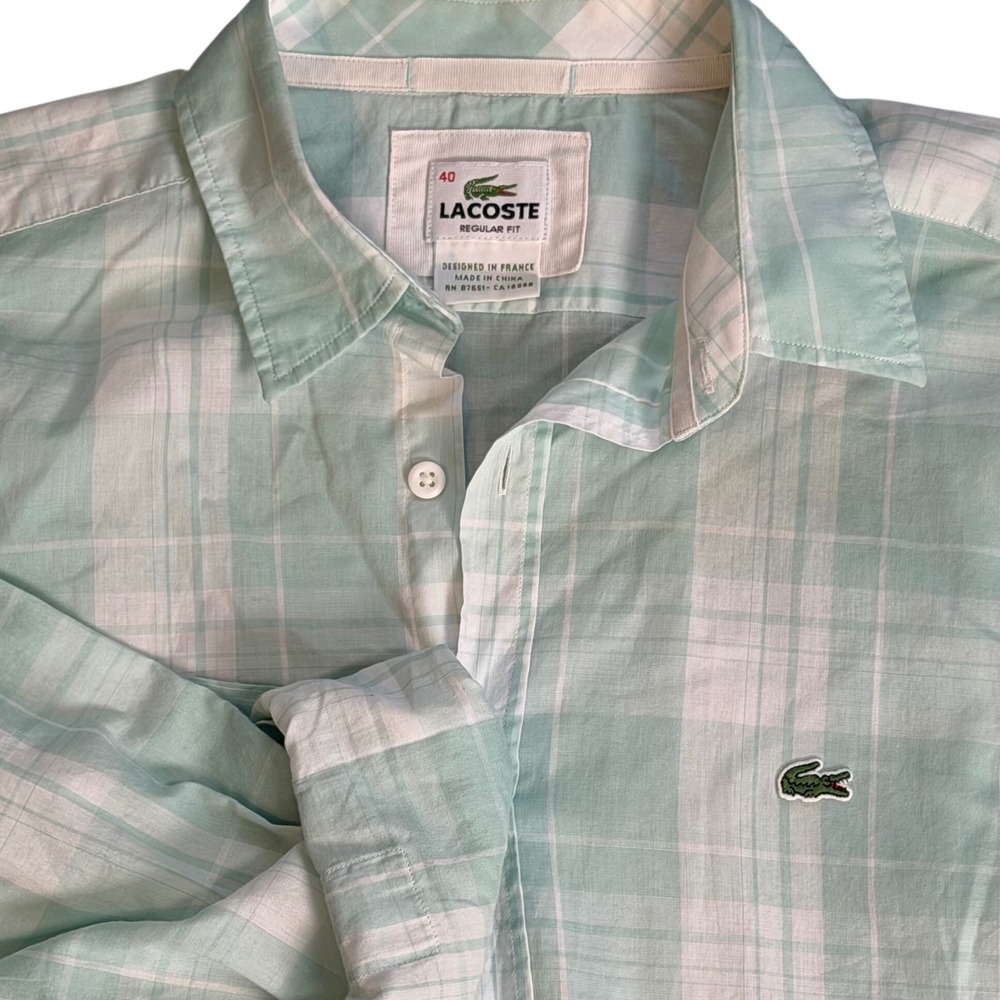 Lacoste Mens Plaid Long Sleeve Button Down Shirt Green White CH6145 Size 40